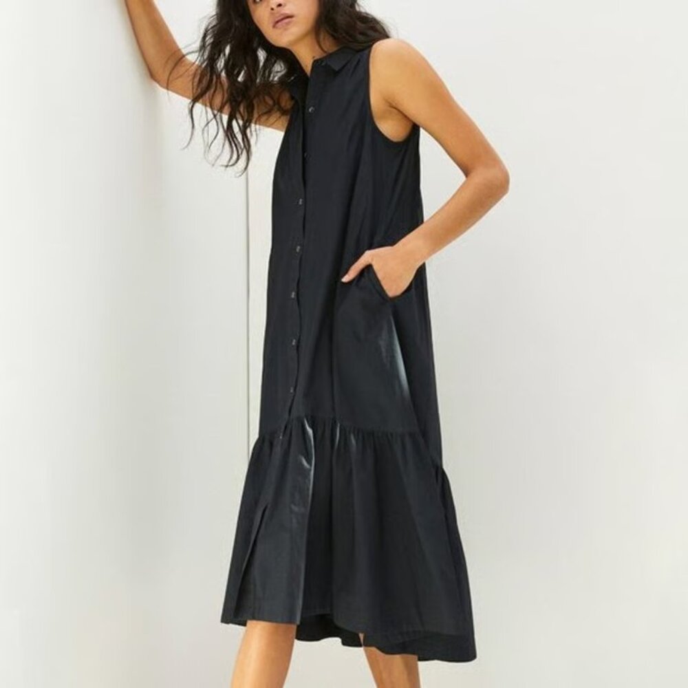 Anthropologie Maeve Paola Flounced Midi Shirt Dress in Black